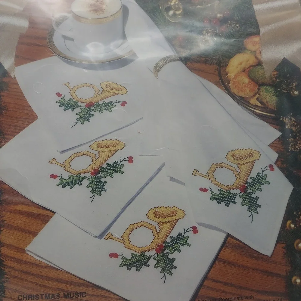 Bucilla Christmas Music Stamped Cross Stitch Napkins‎ Set of 8 Vintage 1992